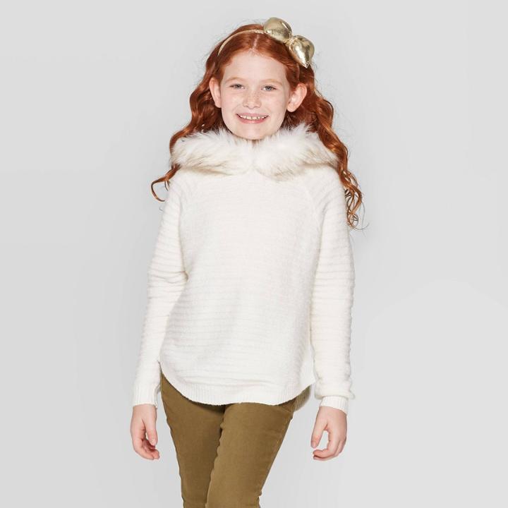 Girls' Long Sleeve Faux Fur Hooded Sweater - Cat & Jack Cream M, Girl's, Size: