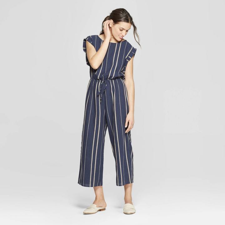 Women's Short Sleeve Striped Wide Leg Jumpsuit - Universal Thread Navy