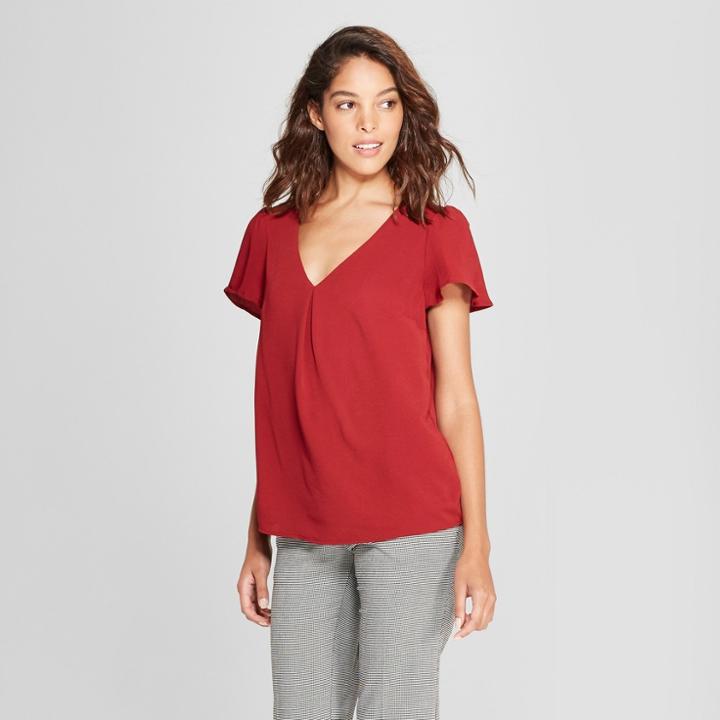 Women's Short Flutter Sleeve Blouse - A New Day Burgundy (red)