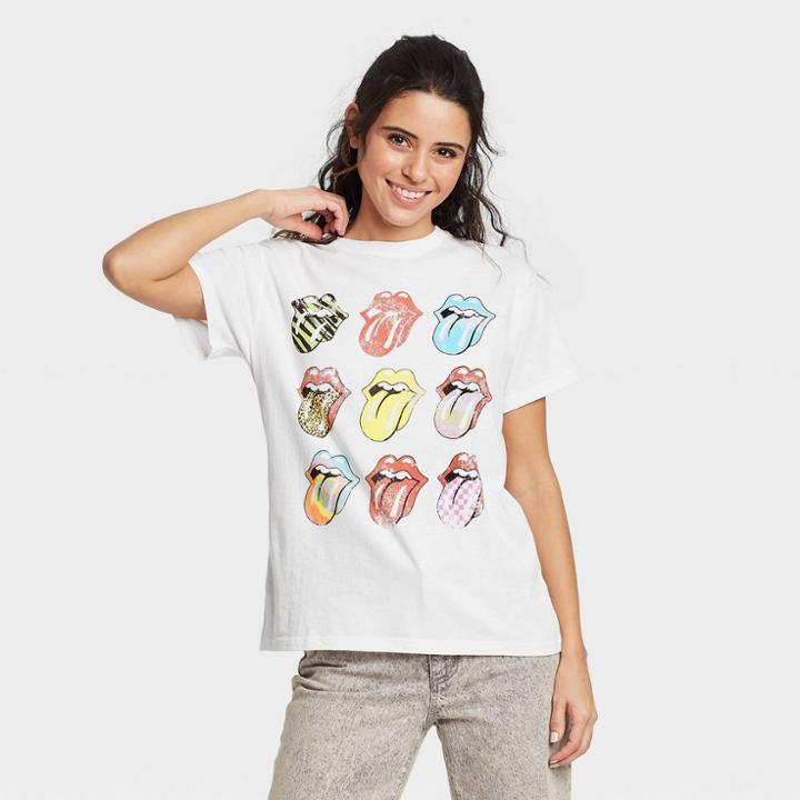 The Rolling Stones Women's Rolling Stone Multi Logo Short Sleeve Boyfriend Graphic T-shirt - White