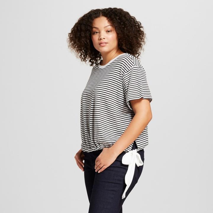 Women's Plus Size Striped Short Sleeve Tie Hem T-shirt - A New Day White/black X, Gray