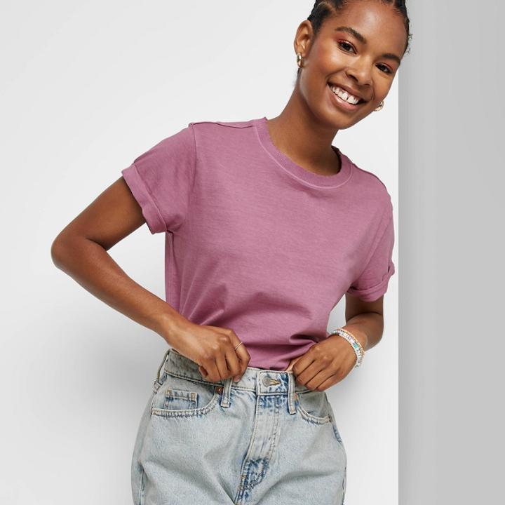 Women's Short Sleeve Roll Cuff Boxy T-shirt - Wild Fable Violet