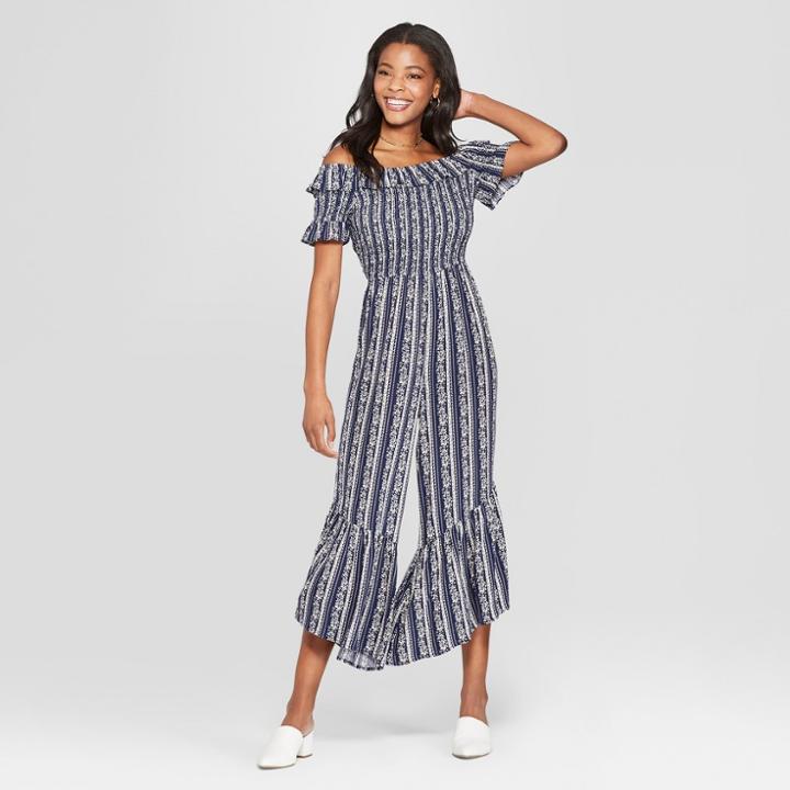 Women's Floral Print Short Sleeve Off The Shoulder Smocked Top Jumpsuit - Xhilaration Navy