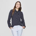 Women's Striped Long Sleeve Tie-front Top - A New Day Navy