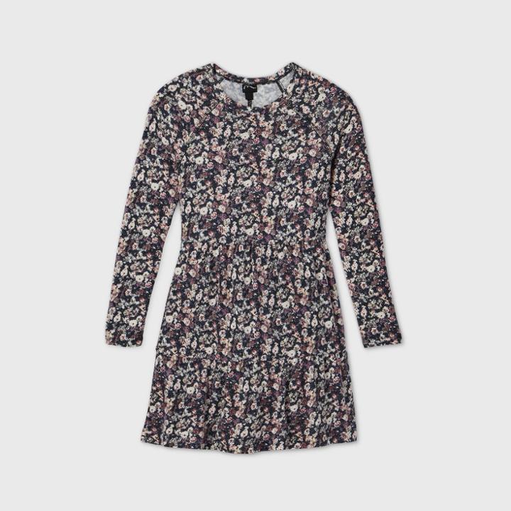 Girls' Babydoll Tiered Long Sleeve Dress - Art Class Black/white