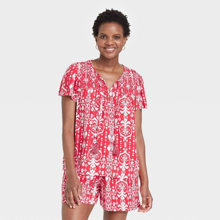 Women's Ikat Print Short Sleeve Smocked V-neck Top - Knox Rose Red