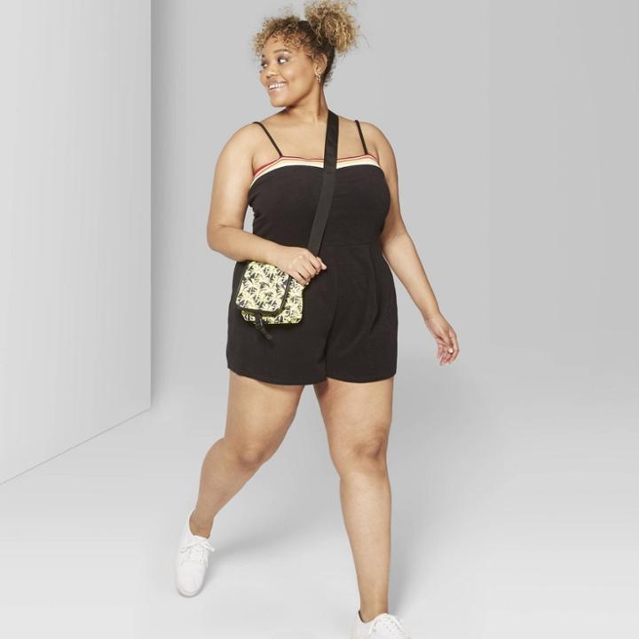 Women's Plus Size Strappy Square Neck Terry Cloth Romper - Wild Fable Black