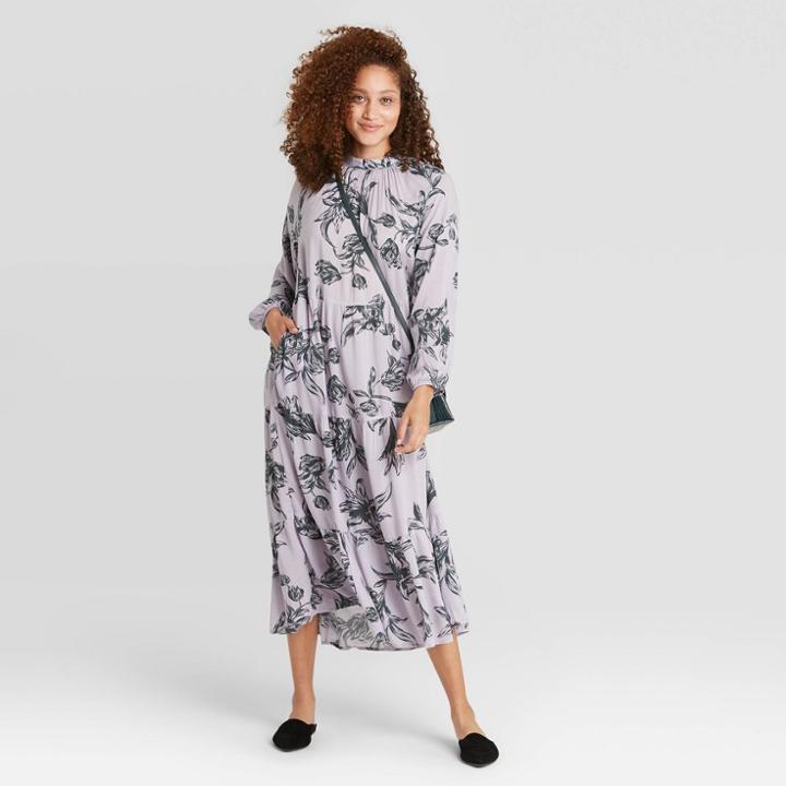 Women's Floral Print High Neck Long Sleeve Tiered Dress - A New Day Light Purple