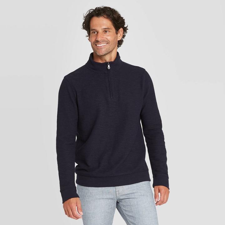 Men's Standard Fit 1/4th Zip Knit Sweatshirt- Goodfellow & Co Dark Blue