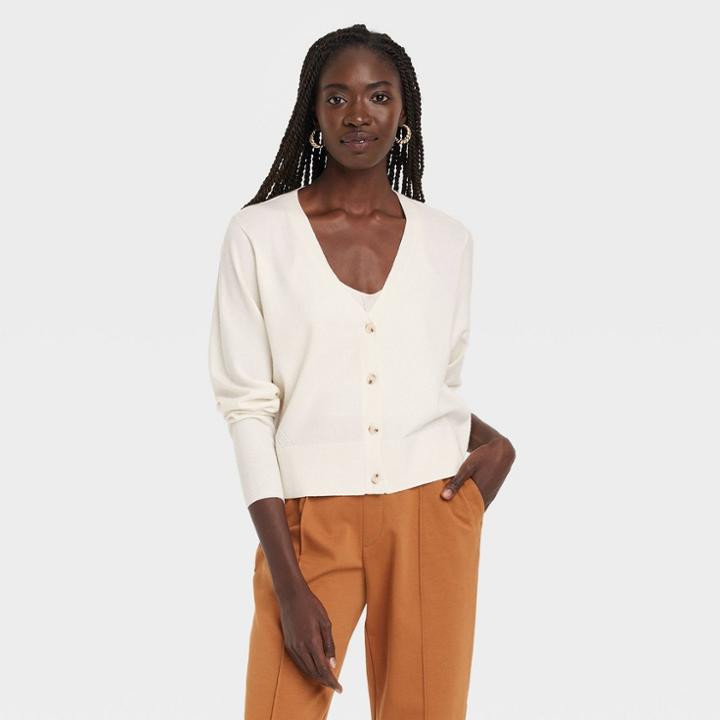Women's Fine Gauge Ribbed Cardigan - A New Day Cream