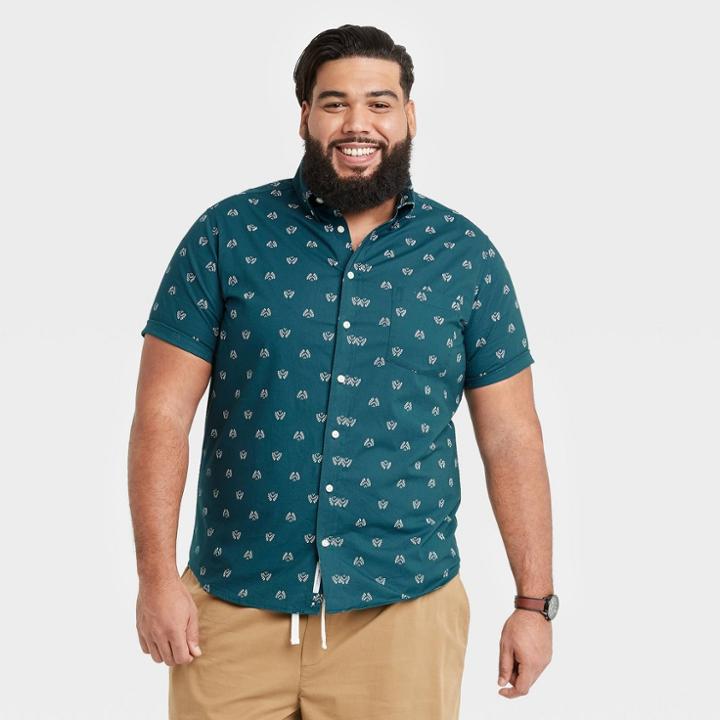 Men's Tall Printed Standard Fit Stretch Poplin Short Sleeve Button-down Shirt - Goodfellow & Co Teal