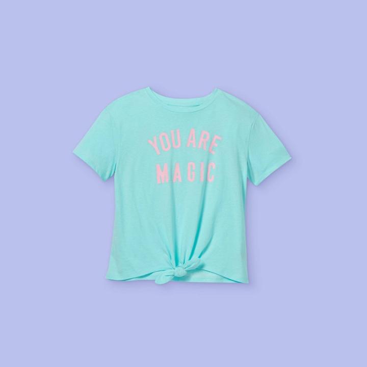 Girls' 'girl Magic' Tie-front Short Sleeve Graphic T-shirt - More Than Magic Aqua
