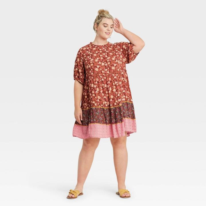 Women's Plus Size Elbow Sleeve Tiered Babydoll Dress - Knox Rose Rust Floral