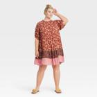 Women's Plus Size Elbow Sleeve Tiered Babydoll Dress - Knox Rose Rust Floral