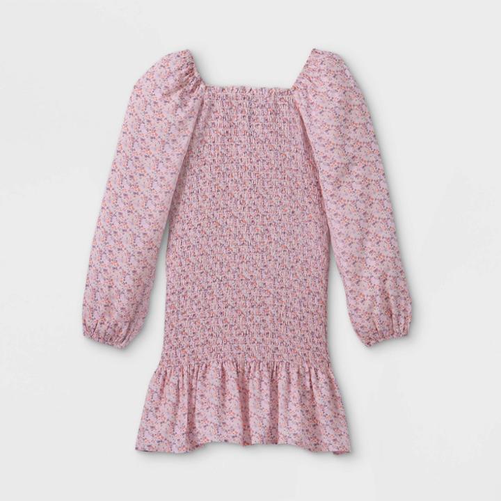 Girls' Smocked Long Sleeve Dress - Art Class Peach Floral