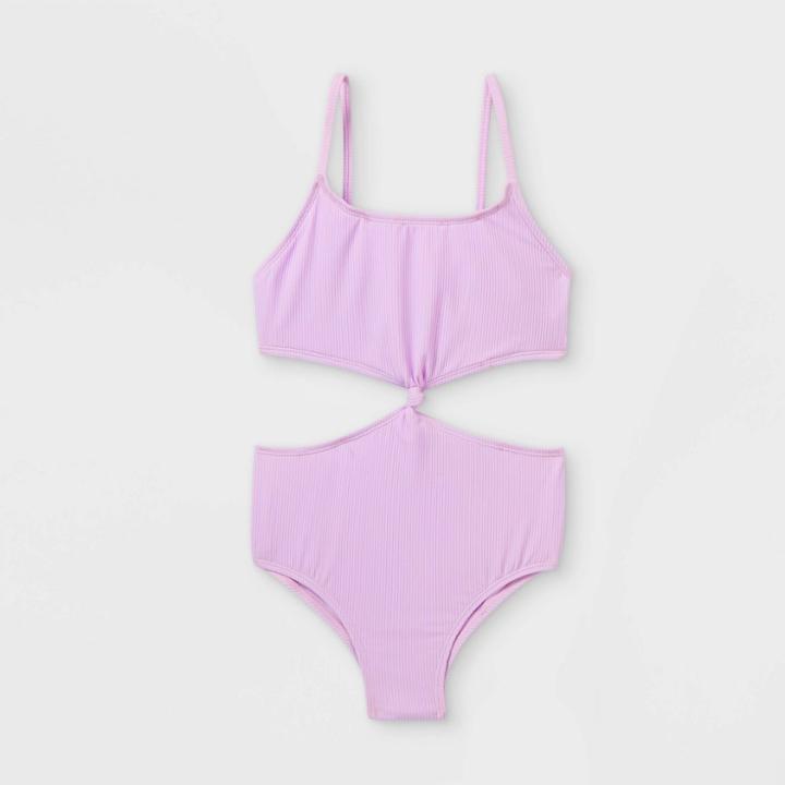 Girls' Ribbed One Piece Swimsuit - Art Class Purple