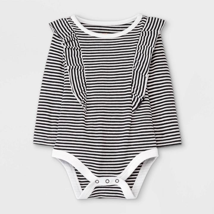Baby Girls' Striped Ruffle Long Sleeve Bodysuit - Cat & Jack Black Newborn