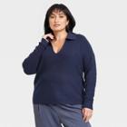 Women's Plus Size Collared Polo Ribbed Pullover Sweater - A New Day Navy Blue
