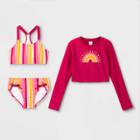 Girls' Sunshine Striped 3pc Bikini Set With Cropped Rash Guard - Cat & Jack Pink