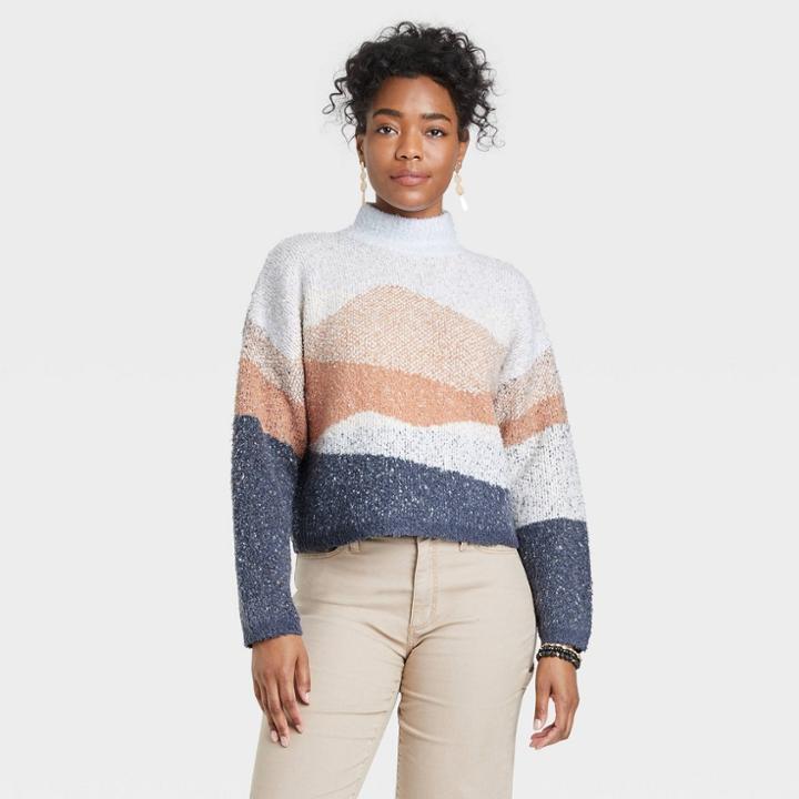 Women's Mock Turtleneck Trek Pullover Sweater - Universal Thread Navy Geometric Xs, Blue Geometric