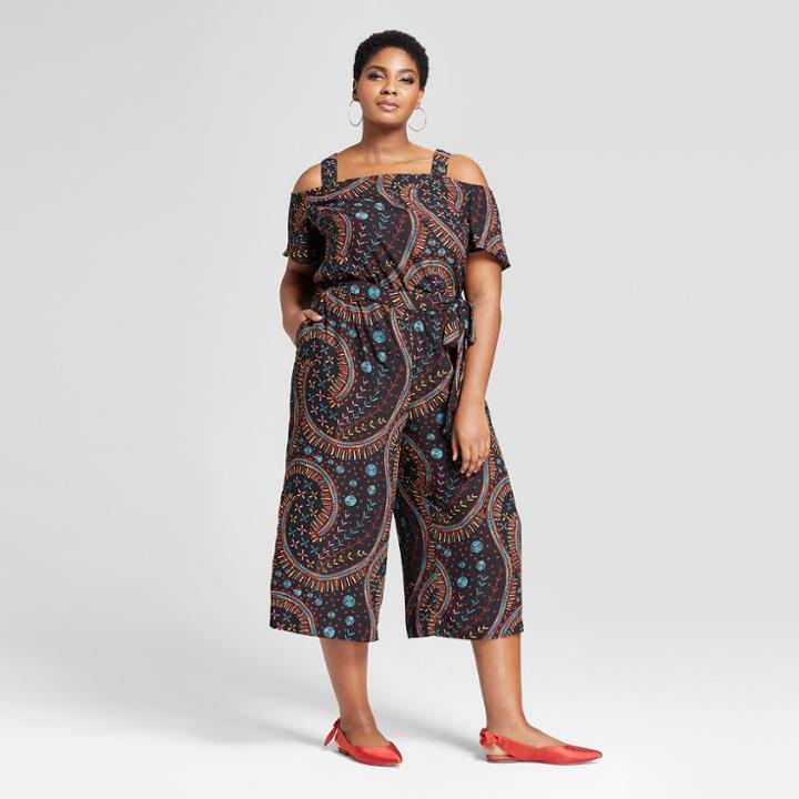 Women's Plus Size Printed Cold Shoulder Jumpsuit - Ava & Viv Black