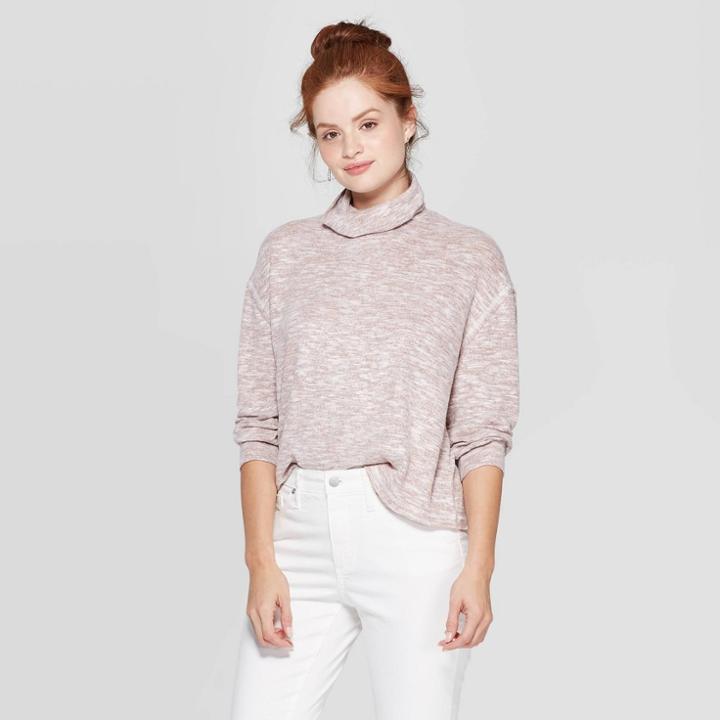 Women's Long Sleeve Mock Turtleneck Snit Sweatshirt - Universal Thread Blush