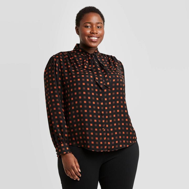 Women's Plus Size Printed Long Sleeve Bow Blouse - Ava & Viv Black X