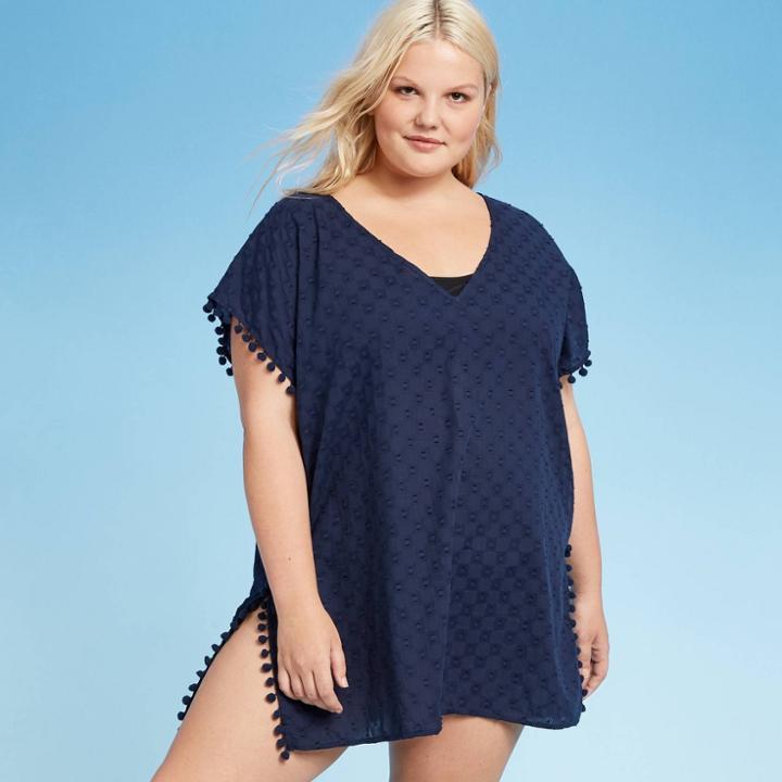Women's Plus Size Pom Pom Trim Cover Up - Cover 2 Cover Navy 1x, Women's, Size: