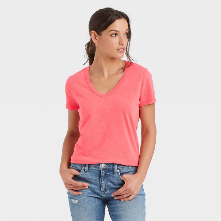 Women's Short Sleeve V-neck T-shirt - Universal Thread Bright Coral Xs, Bright Pink
