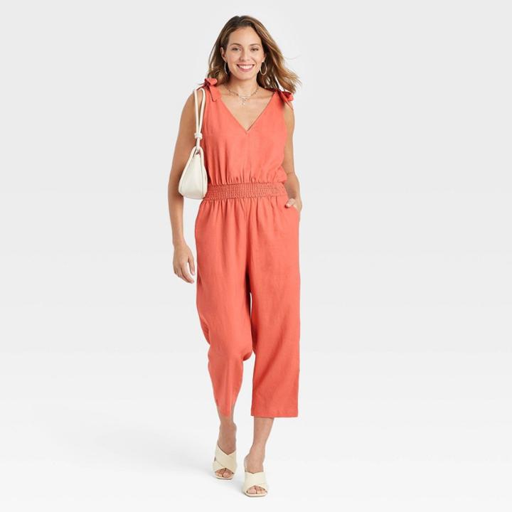 Women's Sleeveless Tie Shoulder Jumpsuit - A New Day Orange