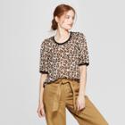 Women's Leopard Print Woven Short Sleeve T-shirt - A New Day Tan