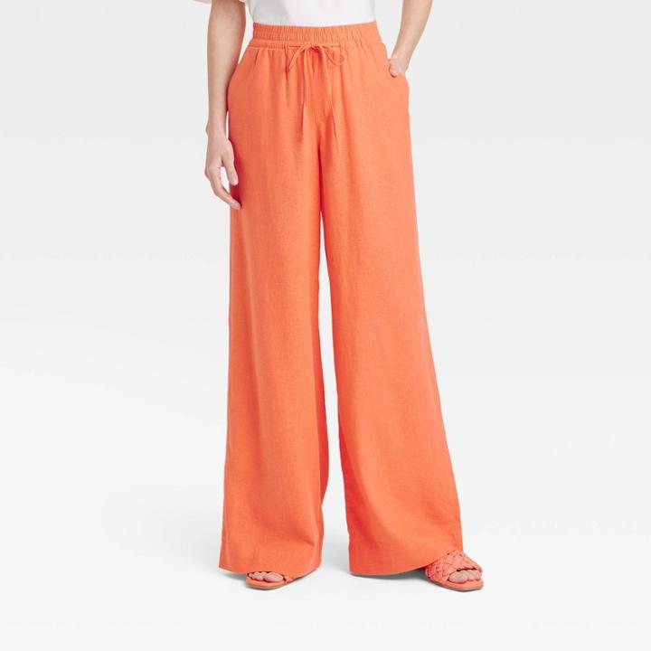 Women's High-rise Wide Leg Linen Pull-on Pants - A New Day Orange