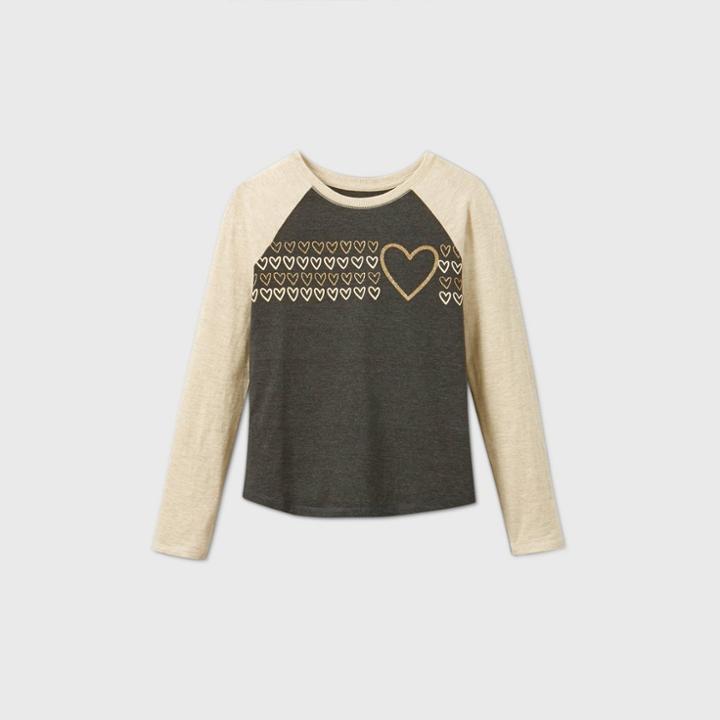 Girls' Hearts Long Sleeve Graphic Baseball T-shirt - Cat & Jack Black/cream Xs, Black/ivory