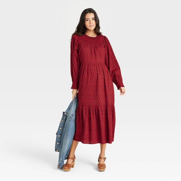 Women's Balloon Long Sleeve Tiered Dress - Universal Thread Burgundy Floral