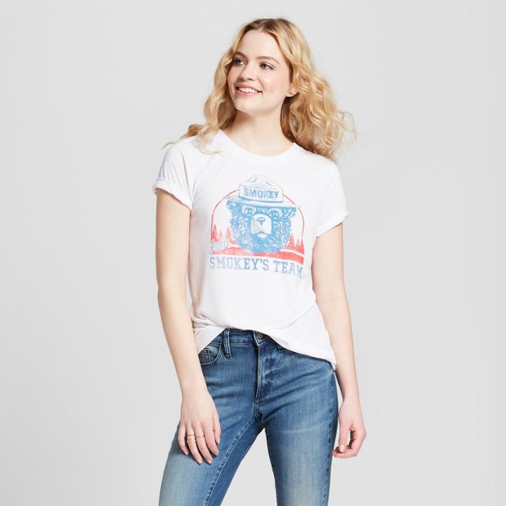 Fortune Fashions Women's Smokey The Bear Smokey's Team Short Sleeve Graphic T-shirt (juniors') White