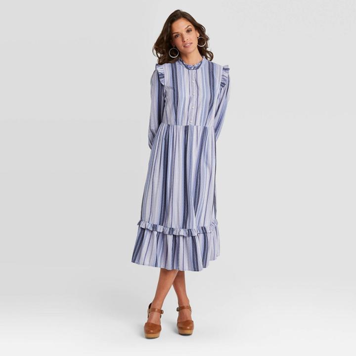 Women's Striped Balloon Long Sleeve Ruffle Dress - Universal Thread Blue