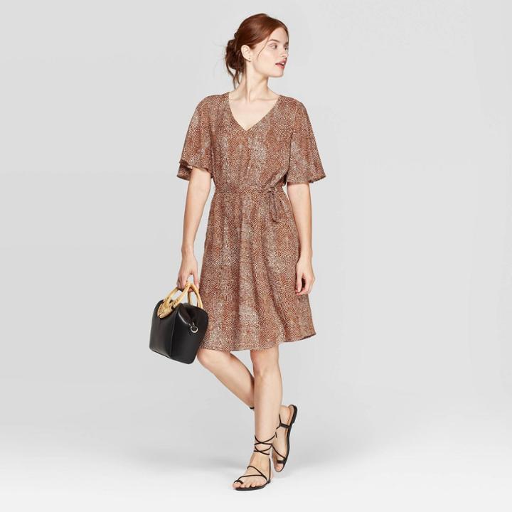 Women's Snake Print Regular Fit Elbow Sleeve V-neck Tie-waist Woven Dress - A New Day Brown