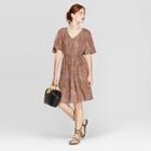 Women's Snake Print Regular Fit Elbow Sleeve V-neck Tie-waist Woven Dress - A New Day Brown