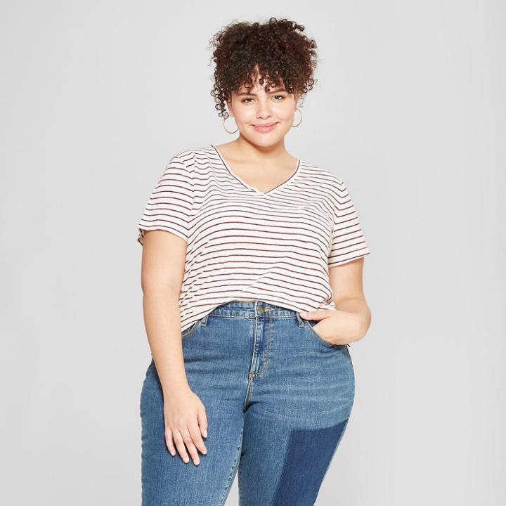 Women's Plus Size Striped Monterey Pocket V-neck Short Sleeve T-shirt - Universal Thread White/red