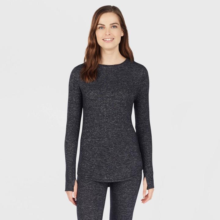 Warm Essentials By Cuddl Duds Women's Sweater Knit Thermal Crewneck Top - Dark Charcoal
