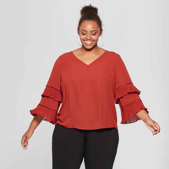 Women's Plus Size Pleated Long Sleeve Blouse - Ava & Viv Red