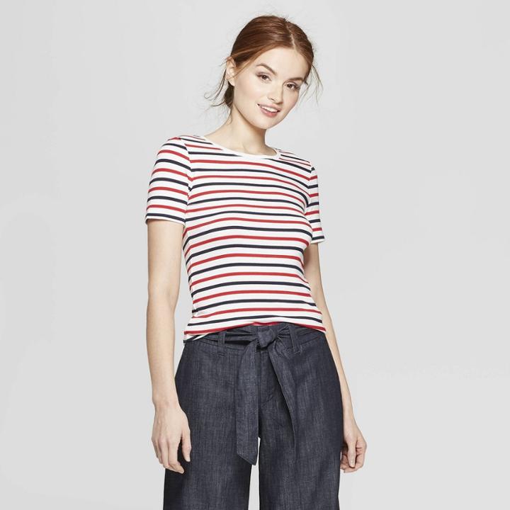 Women's Striped Fitted Short Sleeve Crew T-shirt - A New Day Red/white/navy (red/white/blue)