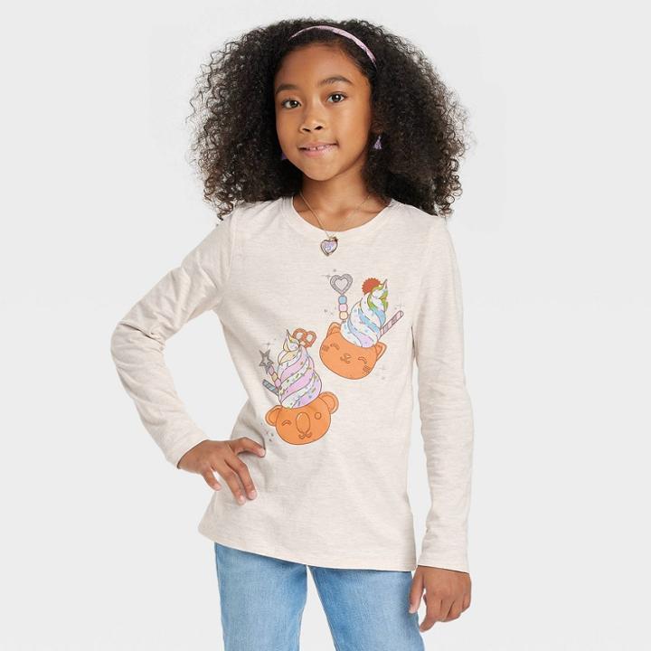 Girls' 'bear Ice Cream' Long Sleeve Graphic T-shirt - Cat & Jack Oatmeal Heather Xs, Oatmeal Grey