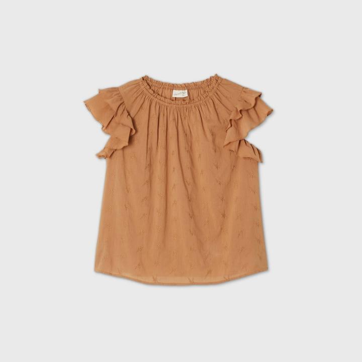 Women's Plus Size Floral Short Sleeve Embroidered Top - Universal Thread Brown