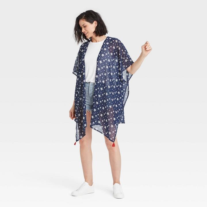 No Brand Women's Star Print Ruana Duster - Blue/white