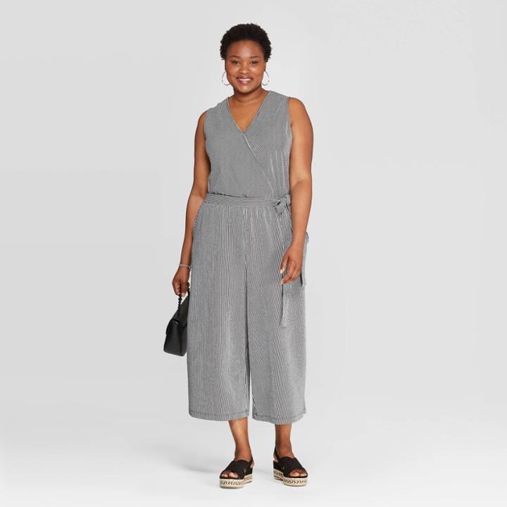 Women's Plus Size Striped Sleeveless V-neck Knit Jumpsuit - Ava & Viv Black