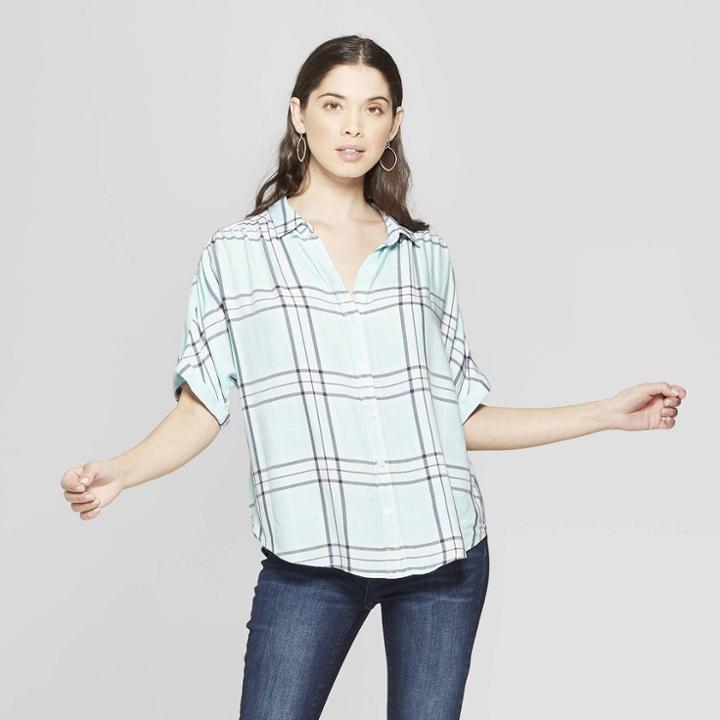 Women's Plaid Short Sleeve Collared Camp Shirt - Universal Thread Blue