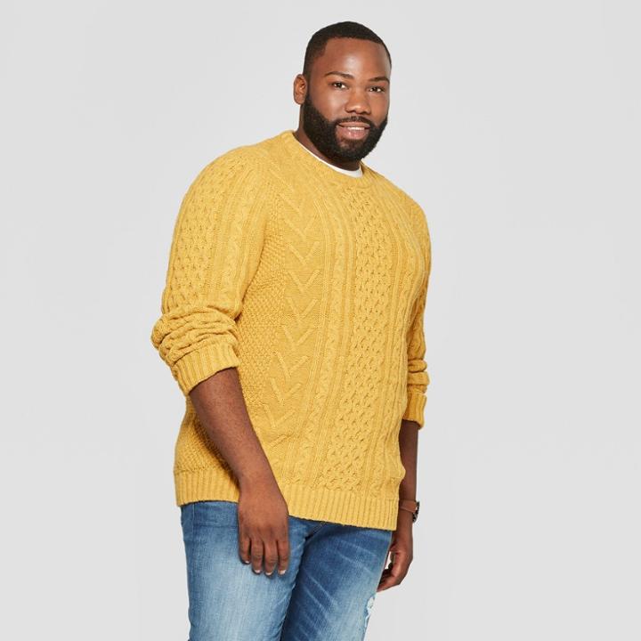 Men's Big & Tall Long Sleeve Standard Fit Cable Crew Pullover Sweater - Goodfellow & Co Gold