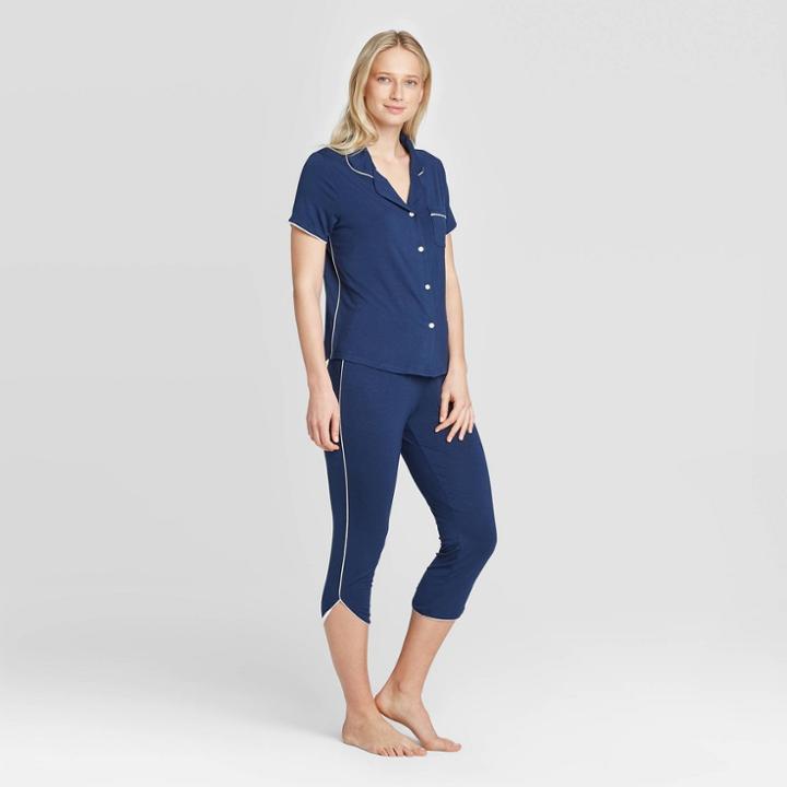 Women's Beautifully Soft Notch Collar Cropped Pajama Set - Stars Above Navy