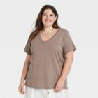Women's Plus Size Short Sleeve V-neck Voop T-shirt - A New Day Brown